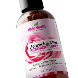 A bottle of facial toner with pink flowers.