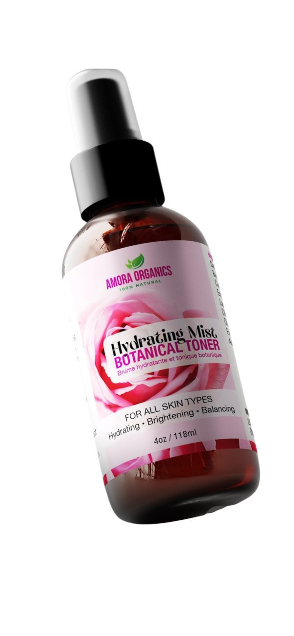 A bottle of facial toner with pink flowers.