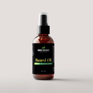 Amber glass dropper bottle labeled Beard Oil on a neutral background.
