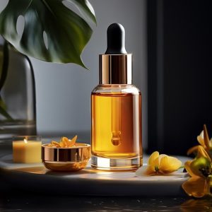 A dropper bottle with golden liquid on a tray beside a candle and flowers.